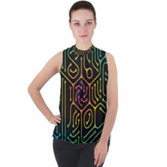 Circuit Hexagonal Geometric Pattern Background Pattern Mock Neck Chiffon Sleeveless Top by Vaneshop