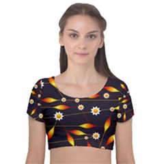 Flower Buds Floral Background Velvet Short Sleeve Crop Top  by Bajindul