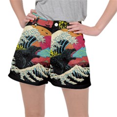 Retro Wave Kaiju Godzilla Japanese Pop Art Style Women s Ripstop Shorts by Modalart