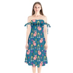 Flowers Pink Pig Piggy Seamless Shoulder Tie Bardot Midi Dress by Ravend