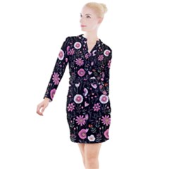 Flowers Pattern Button Long Sleeve Dress by Ravend