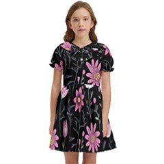 Flowers Pattern Kids  Bow Tie Puff Sleeve Dress by Ravend