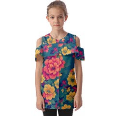 Floral Art Flowers Textile Fold Over Open Sleeve Top by Ravend