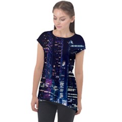 Black Building Lighted Under Clear Sky Cap Sleeve High Low Top by Modalart