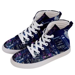 Black Building Lighted Under Clear Sky Men s Hi-top Skate Sneakers by Modalart