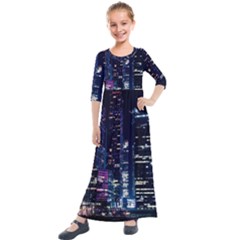 Black Building Lighted Under Clear Sky Kids  Quarter Sleeve Maxi Dress by Modalart