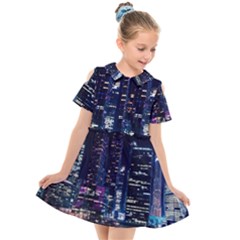 Black Building Lighted Under Clear Sky Kids  Short Sleeve Shirt Dress by Modalart