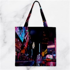 Roadway Surrounded Building During Nighttime Zipper Grocery Tote Bag by Modalart