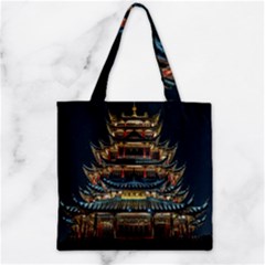 Blue Yellow And Green Lighted Pagoda Tower Zipper Grocery Tote Bag by Modalart