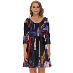 Roadway Surrounded Building During Nighttime Shoulder Cut Out Zip Up Dress by Modalart