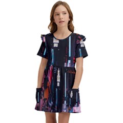 Roadway Surrounded Building During Nighttime Kids  Frilly Sleeves Pocket Dress by Modalart