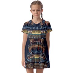 Blue Yellow And Green Lighted Pagoda Tower Kids  Asymmetric Collar Dress by Modalart