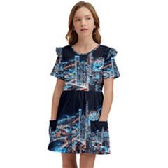 Aerial Photography Of Lighted High Rise Buildings Kids  Frilly Sleeves Pocket Dress by Modalart