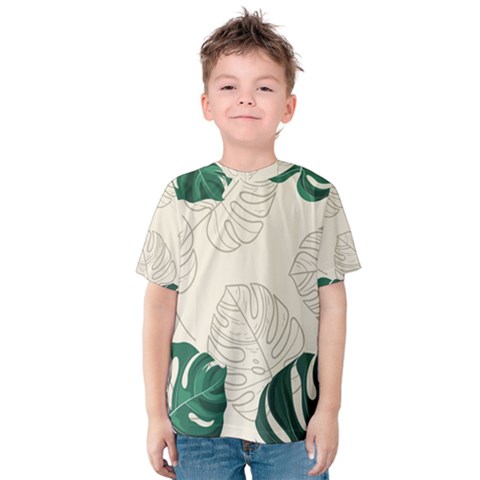 Leaves Monstera Background Kids  Cotton T-shirt by Grandong