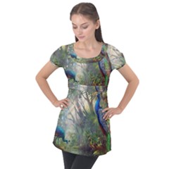 Peafowl Peacock Bird Birds Painting Art Wildlife Puff Sleeve Tunic Top by Sarkoni