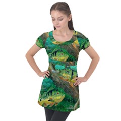 Peacock Bass Fishing Puff Sleeve Tunic Top by Sarkoni