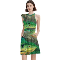 Peacock Bass Fishing Cocktail Party Halter Sleeveless Dress With Pockets by Sarkoni