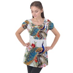 Birds Peacock Artistic Colorful Flower Painting Puff Sleeve Tunic Top by Sarkoni