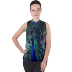 Blue And Green Peacock Mock Neck Chiffon Sleeveless Top by Sarkoni