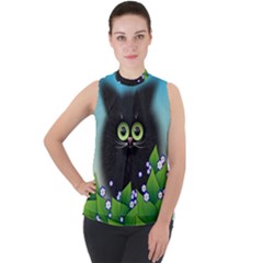 Kitten Black Furry Illustration Mock Neck Chiffon Sleeveless Top by Sarkoni