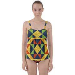 Background Geometric Color Twist Front Tankini Set by Sarkoni