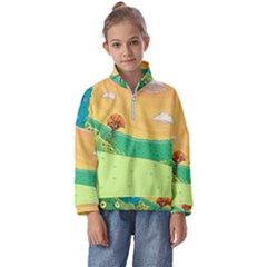 Green Field Illustration Adventure Time Multi Colored Kids  Half Zip Hoodie by Sarkoni