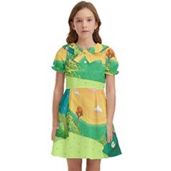 Green Field Illustration Adventure Time Multi Colored Kids  Bow Tie Puff Sleeve Dress by Sarkoni