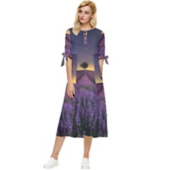 Bed Of Purple Petaled Flowers Photography Landscape Nature Bow Sleeve Chiffon Midi Dress by Sarkoni