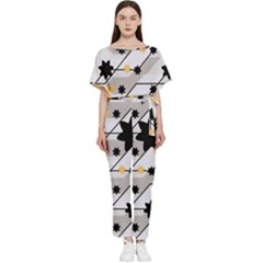 Flower Shape Abstract Pattern Batwing Lightweight Chiffon Jumpsuit by Modalart