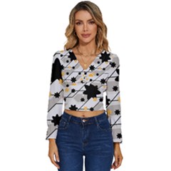 Flower Shape Abstract Pattern Long Sleeve V-neck Top by Modalart