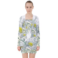 Thistle Alpine Flower Flower Plant V-neck Bodycon Long Sleeve Dress by Modalart