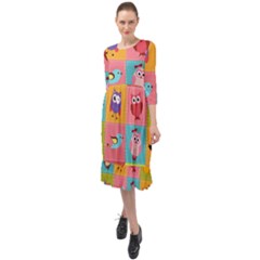 Owls Pattern Abstract Art Desenho Vector Cartoon Ruffle End Midi Chiffon Dress by Bedest