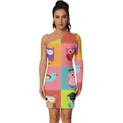 Owls Pattern Abstract Art Desenho Vector Cartoon Long Sleeve One Shoulder Mini Dress by Bedest