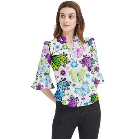 Butterflies Abstract Background Colorful Desenho Vector Loose Horn Sleeve Chiffon Blouse by Bedest