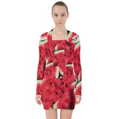 Watermelon Fruit Green Red V-neck Bodycon Long Sleeve Dress by Bedest