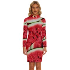 Watermelon Fruit Green Red Long Sleeve Shirt Collar Bodycon Dress by Bedest