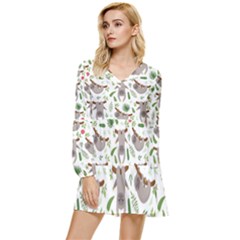 Seamless Pattern With Cute Sloths Tiered Long Sleeve Mini Dress by Ndabl3x