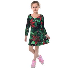 Flower Floral Pattern Christmas Kids  Long Sleeve Velvet Dress by Ravend