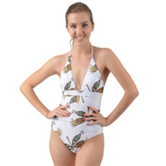 Pattern Dragonfly Background Halter Cut-out One Piece Swimsuit by Ravend