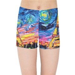 Eiffel Tower Starry Night Print Van Gogh Kids  Sports Shorts by Modalart