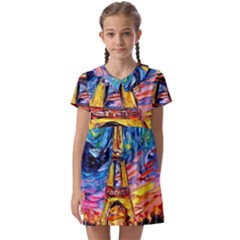 Eiffel Tower Starry Night Print Van Gogh Kids  Asymmetric Collar Dress by Modalart