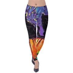 Halloween Art Starry Night Hallows Eve Black Cat Pumpkin Velvet Leggings by Modalart