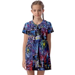 Castle Hogwarts Starry Night Print Van Gogh Parody Kids  Asymmetric Collar Dress by Modalart