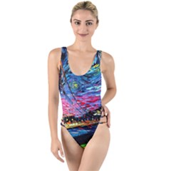 Golden Gate Bridge Starry Night Vincent Van Gogh High Leg Strappy Swimsuit by Modalart