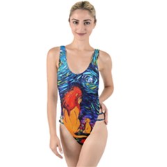 Lion Art Starry Night Van Gogh High Leg Strappy Swimsuit by Modalart