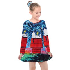 Red House Dog Cartoon Starry Night Kids  Long Sleeve Dress by Modalart