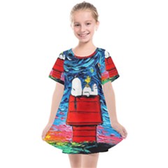 Red House Dog Cartoon Starry Night Kids  Smock Dress by Modalart