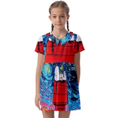 Red House Dog Cartoon Starry Night Kids  Asymmetric Collar Dress by Modalart