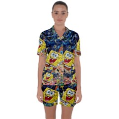 Art Cartoon Starry Night Van Gogh Satin Short Sleeve Pajamas Set by Modalart