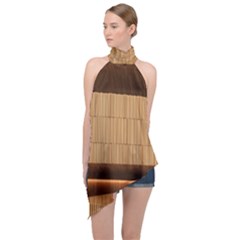 Architecture Art Boxes Brown Halter Asymmetric Satin Top by Amaryn4rt